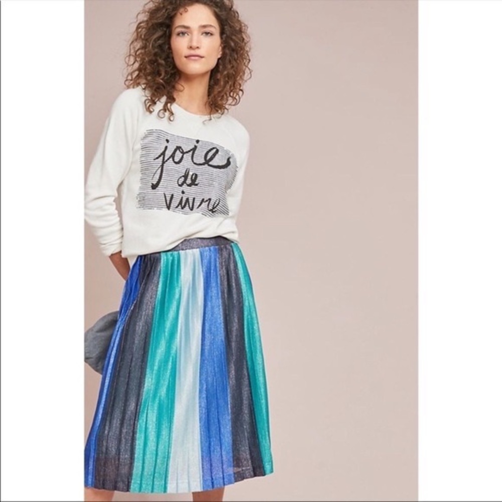 Anthropologie Maeve Sunburst Pleated Midi Skirt in Blue Green Shimmer